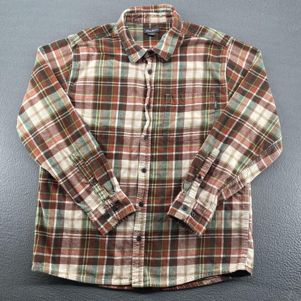 Eddie Bauer Shirt Mens XL Brown Green‎ Plaid Flannel Long Sleeve Button Front